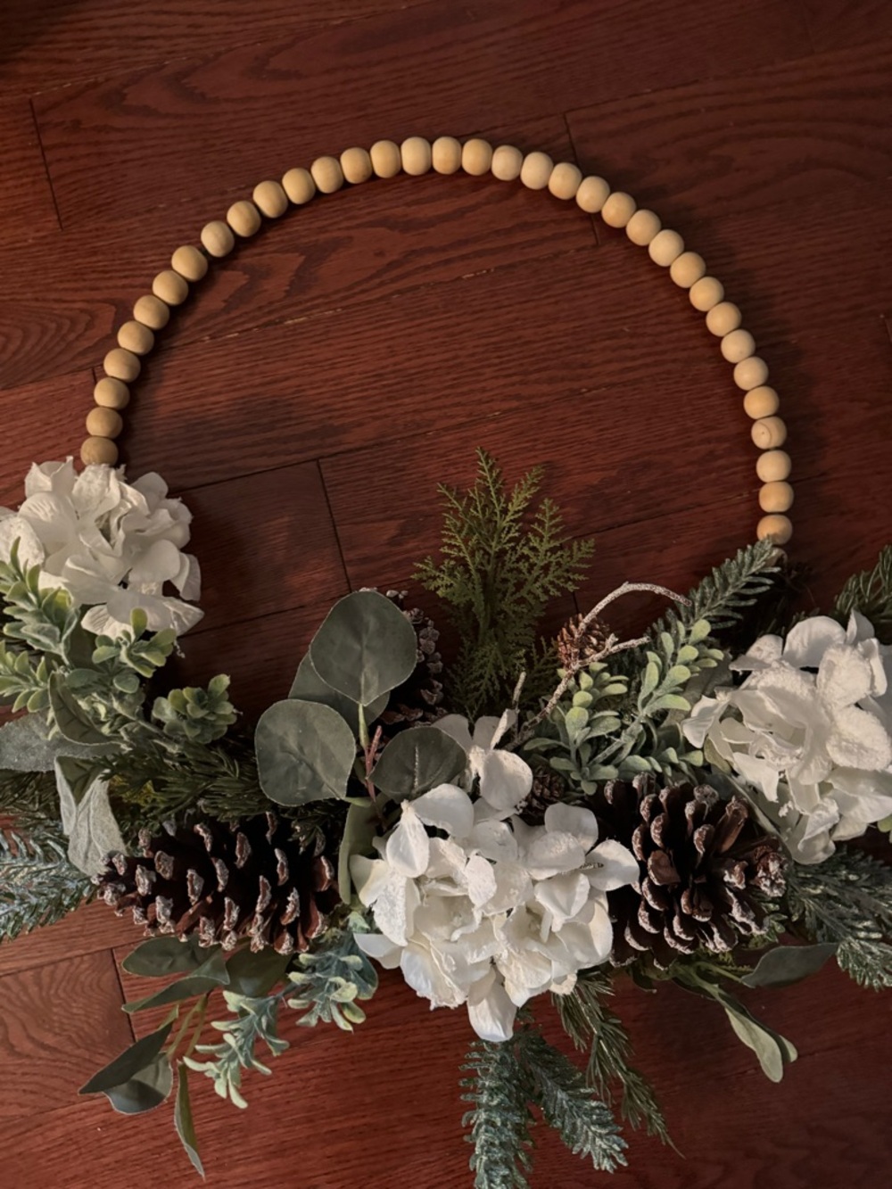 Holiday Beaded Hoop Wreath with White Hydrangeas and Pinecones